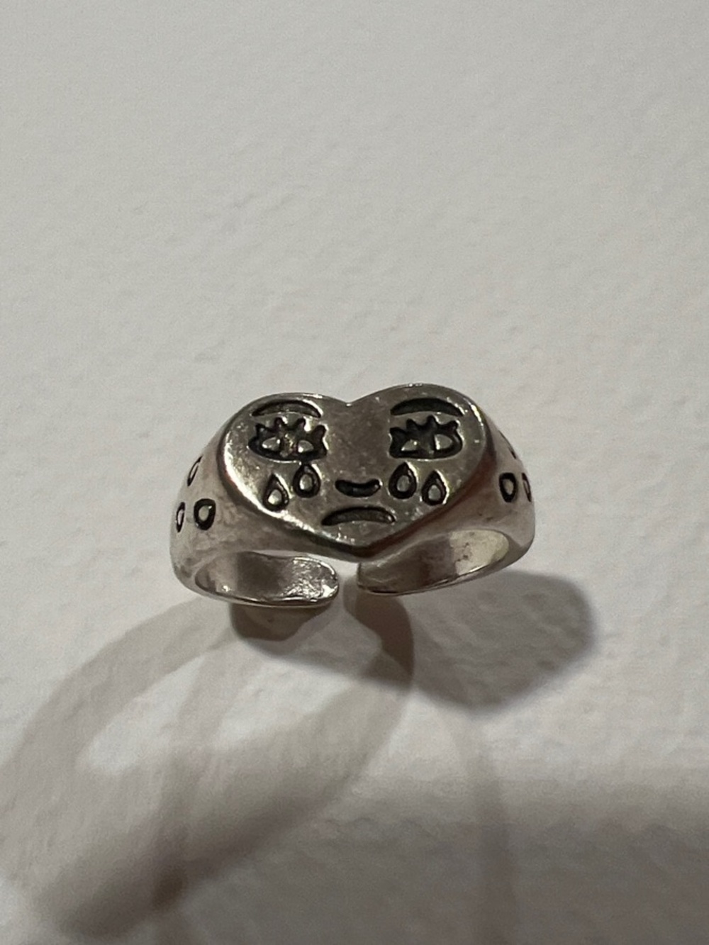 Sterling Silver Heart Face Adjustable Ring - Sad Face Design